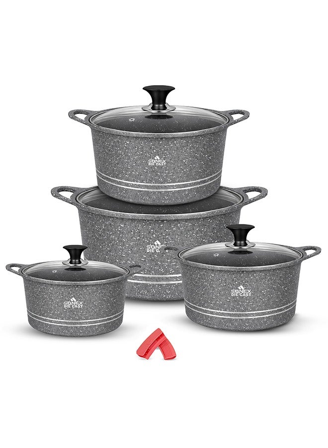 Sonex Diecast Eden King Non-Stick Cookware Set, 10-Piece, Glass Lids & Silicone Holders, 3L-13L, Advanced Korean Diecast Technology, Marble Non-Stick Coating, Dishwasher Safe, PTFE & PFOA-Free, Grey - Image 1